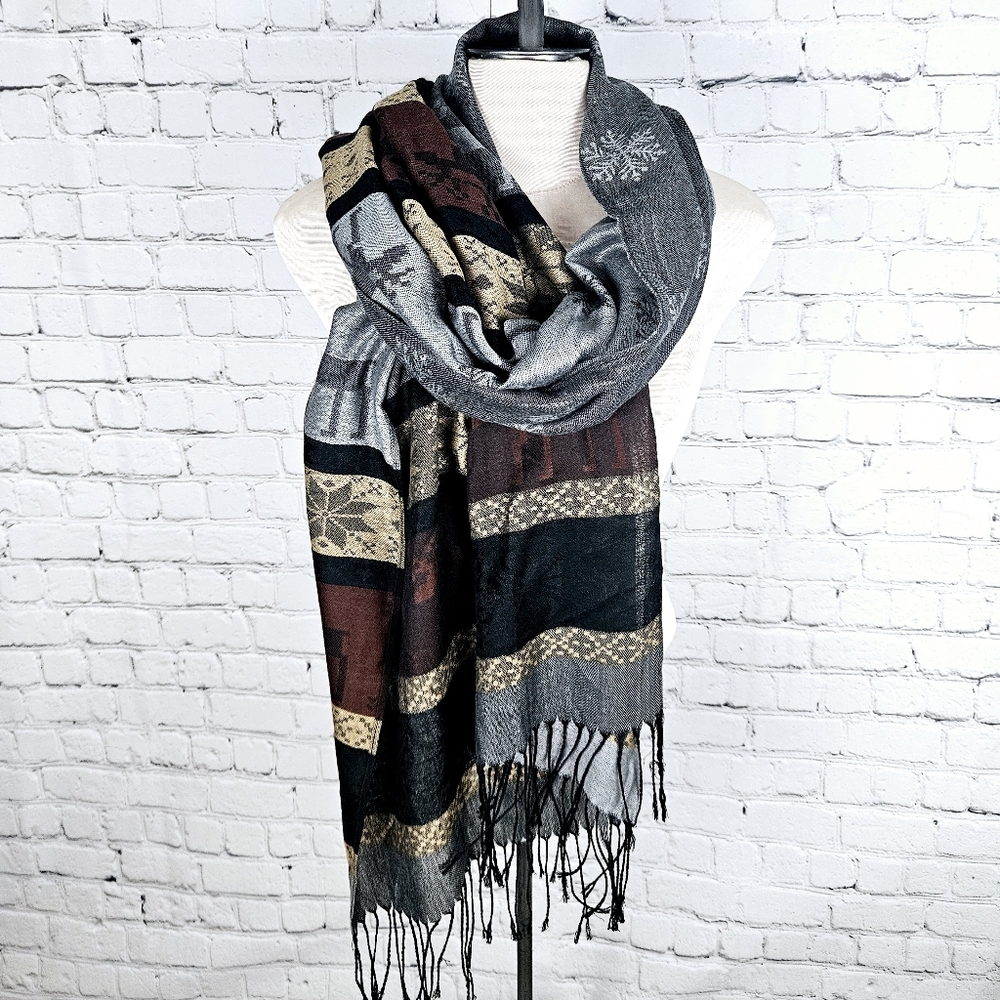 PASHMINA | 100% pashmina fringe winter snowflake reindeer caribou scarf shawl